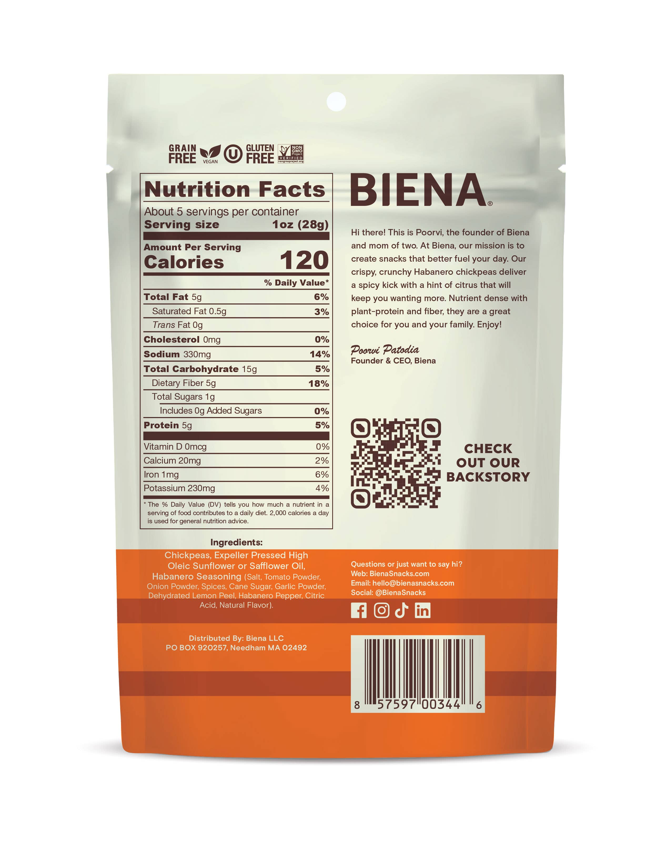 Biena Snacks - Vente Noix - Biena Snacks aux pois chiches rôtis Habanero 5 oz x 8 ct Caisse1