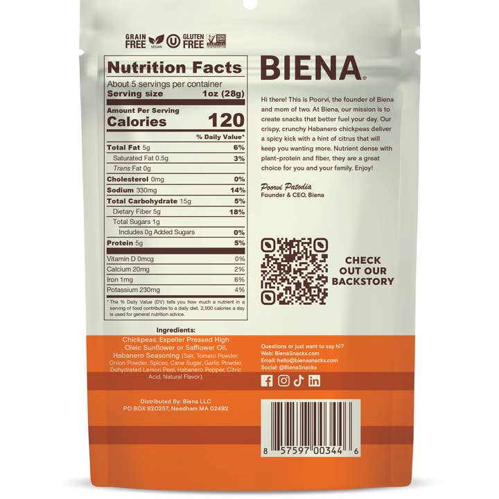 Biena Snacks - Wholesale Nuts - Habanero Roasted Chickpeas 5oz 4ct Pack1