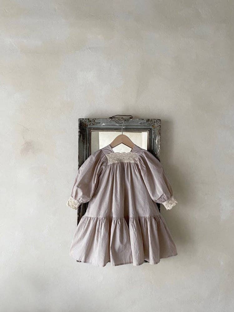 MyKids-USA® - Wholesale Dress - Kids - Baby Girl Solid Color Lace Design Square Neck Long Sleeves Princess Dress1