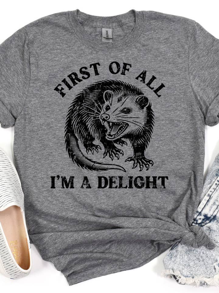 Mugsby - Wholesale Screen Printed T-Shirt - Women's - I'm a Delight Possum Funny Graphic Tee, Graphic Shirt