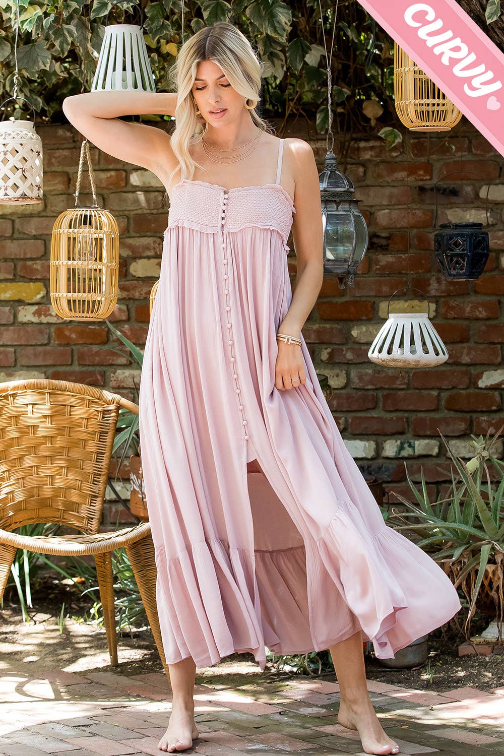 Sweet Lovely by Jen – Großhandel Kleid – Damen – MAXIKLEID AUS SEIDE MIT GESMOKTEM BUTTON-DOWN IN ÜBERGRÖSSE9