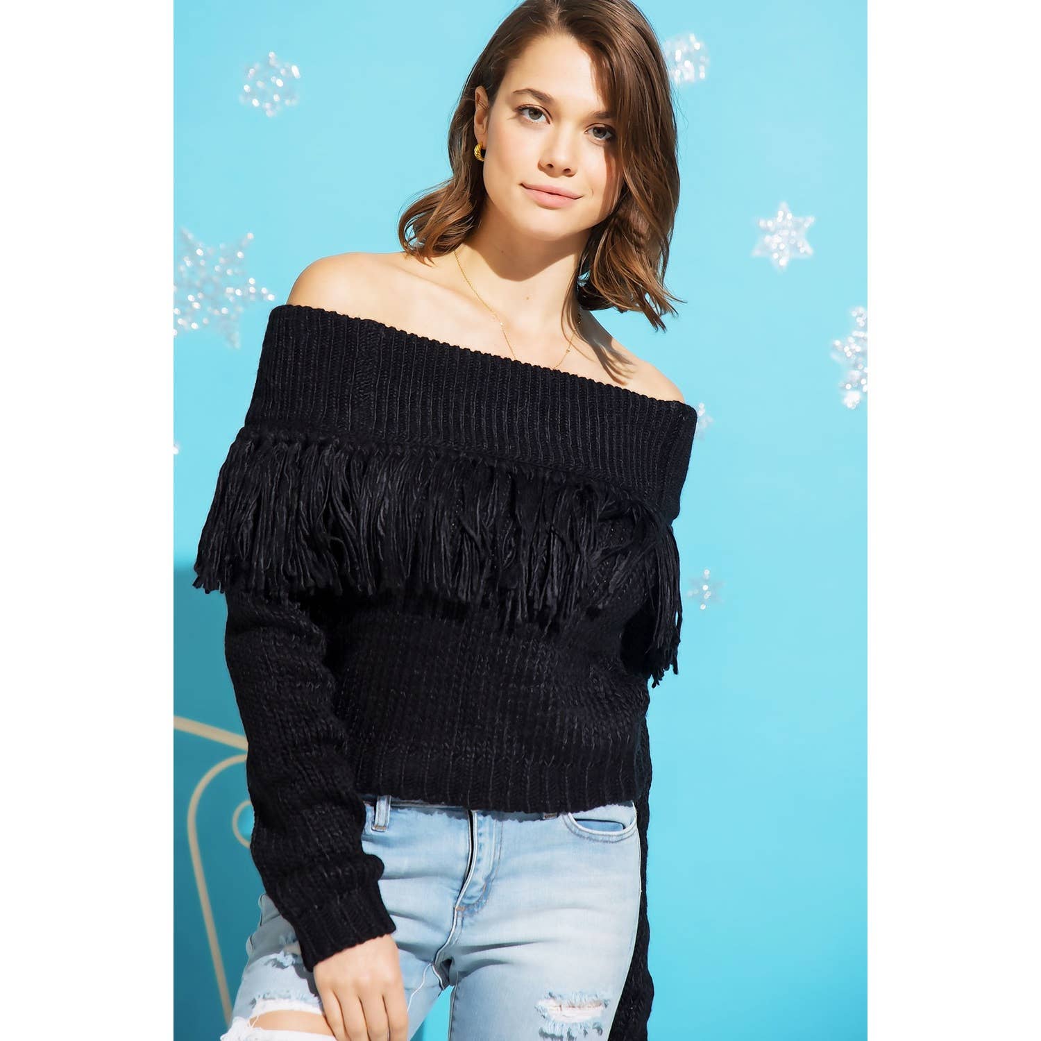 Sweet Generis - Vente Pull en maille – femme - PULL EN MAILLE ÉPAISSE À FRANGES ET ÉPAULES DÉNUDÉES3