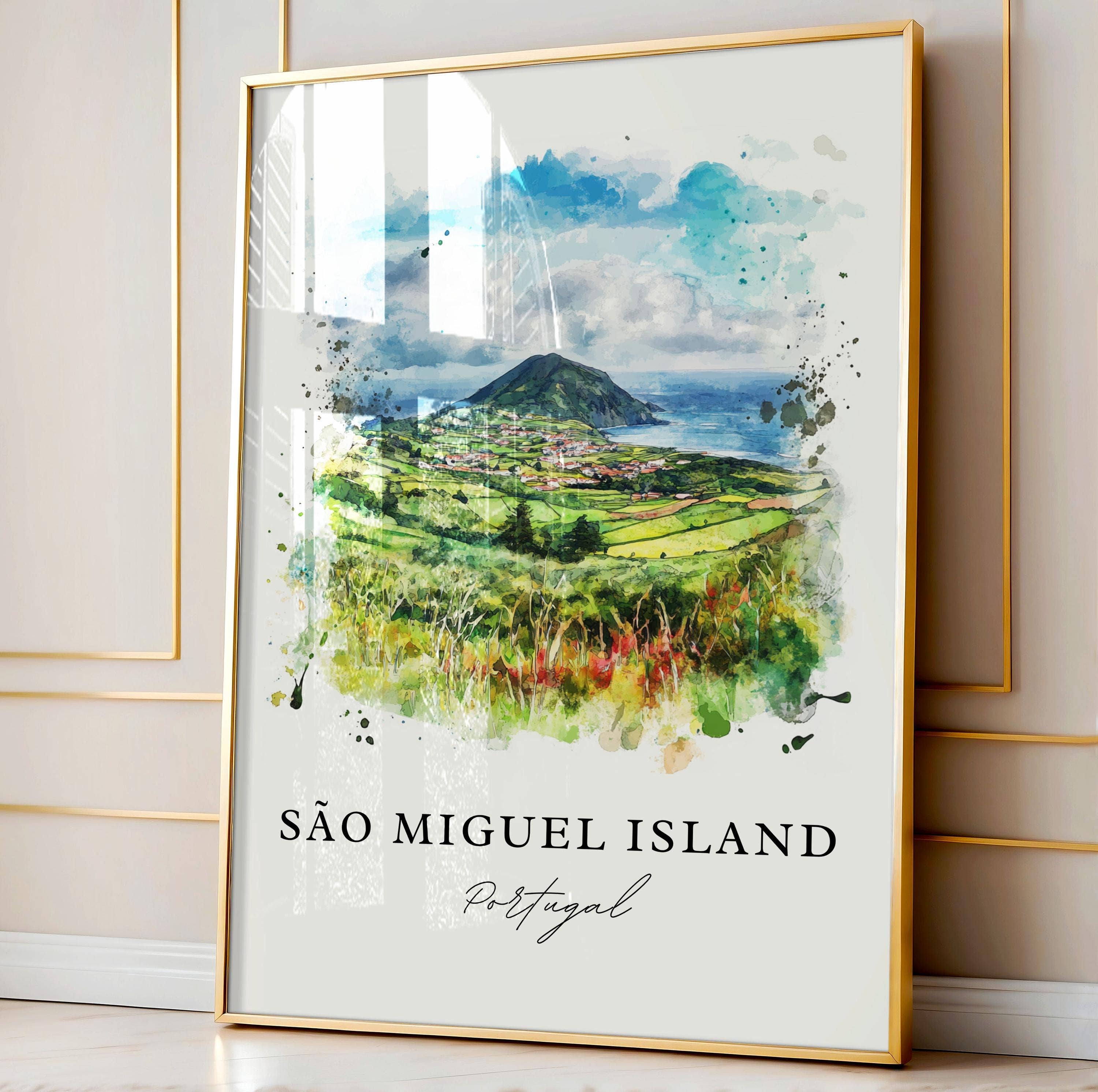 Premium Travel Art - Wholesale Art Print - São Miguel Island Wall Art, Azores Print, Azores Watercolor Art, Ponta Delgada Portugal Gift,3
