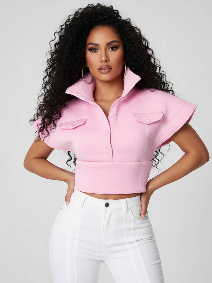 MB FASHION Cropped High Collar Button-Up Top 452R for wholesale by MB Fashion Wholesale