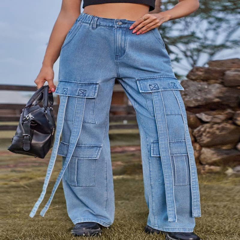 Wholesale Women Fashion Casual High Waist Denim Cargo Pants