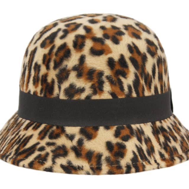 Ladies Leopard Poly Felt Cloche Hats W/grosgrain Band for wholesale by Epoch hats