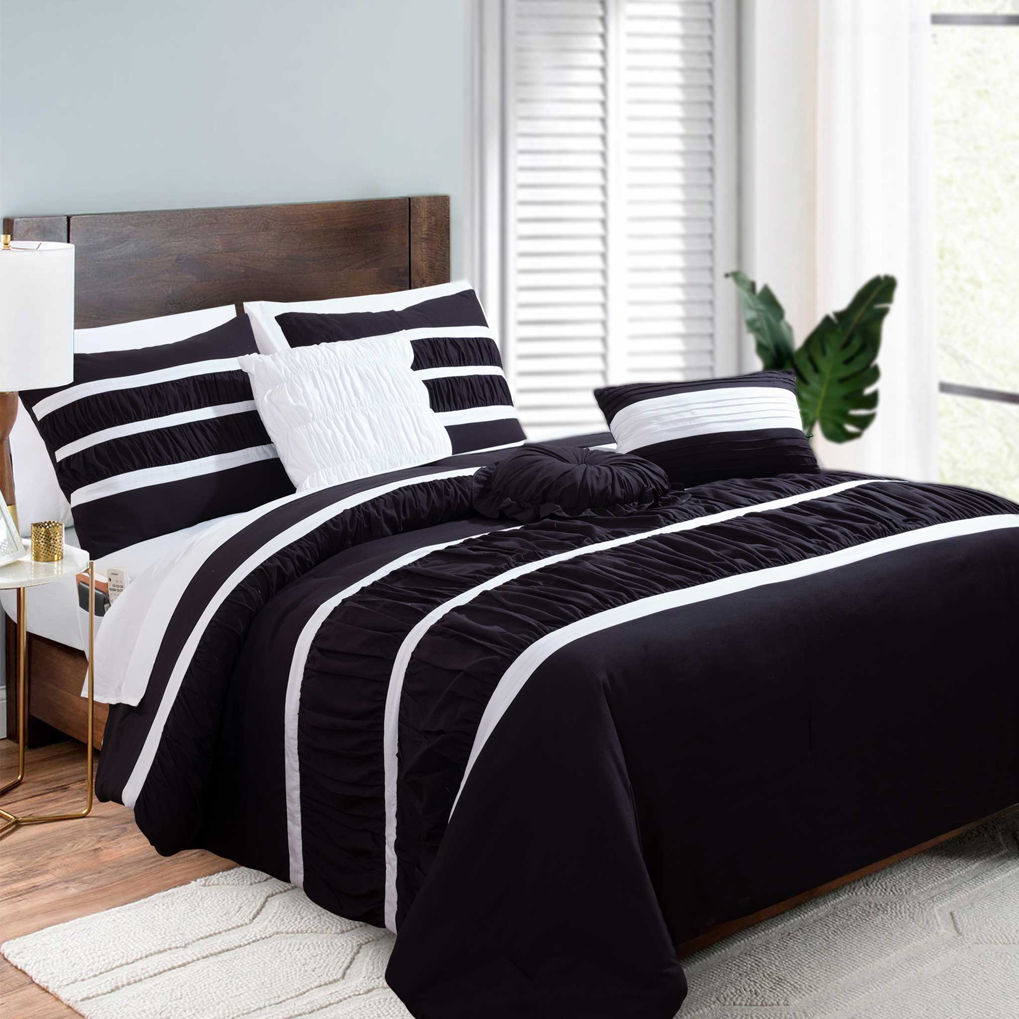 Elegant Comfort - Wholesale Bedding Set - Elegant Comfort 12-Piece Isabella Pleated Ruched Ruffled Comforter Set, Includes 6-Piece Sheet Set with Double Sided Storage Pockets0