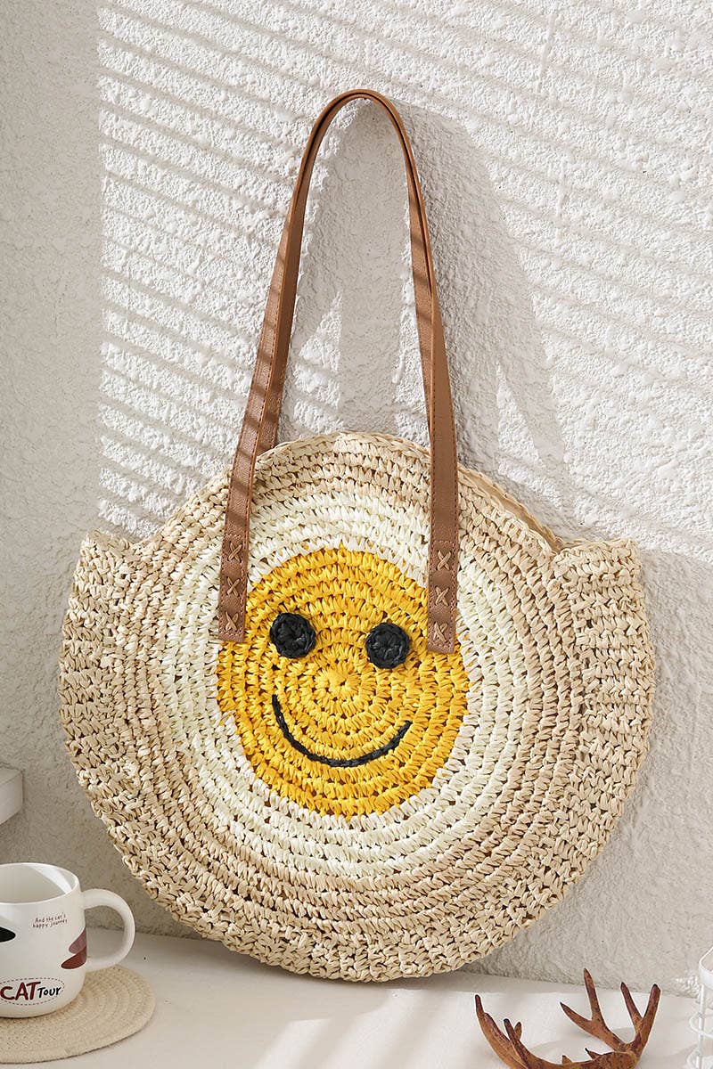Cap Zone - Vendita all'ingrosso Borsa da spiaggia - Borsa da spiaggia rotonda in rattan con faccina sorridente14