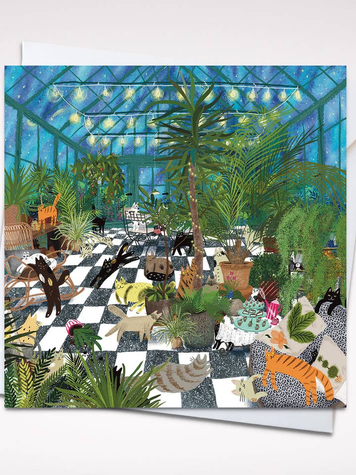 Greenhouse Party Cats 5x5 Greeting Card – Playful Cat-Themed Blank Card with Envelope, Purrfect for Plant and Cat Lovers for wholesale by Dariia Dziuba