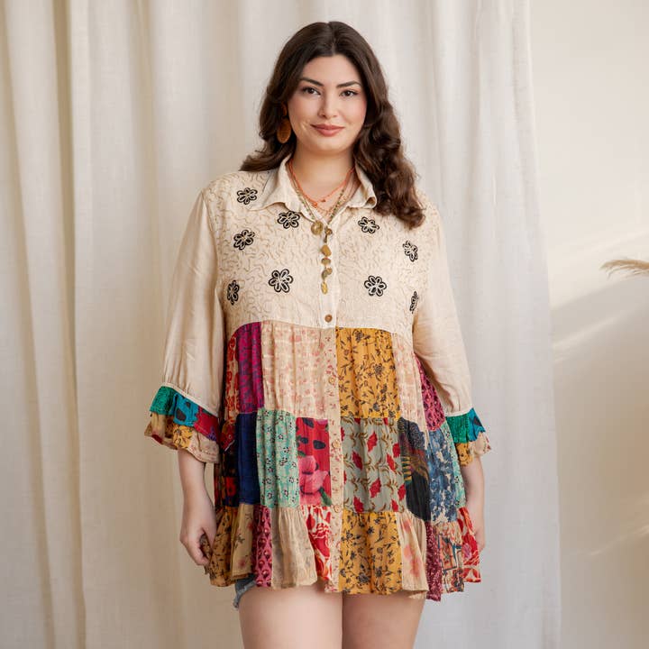 Young Threads - Wholesale Blouse - Women's - Western Denim Yoke Patchwork Tiered Tunic Top (New Color)7