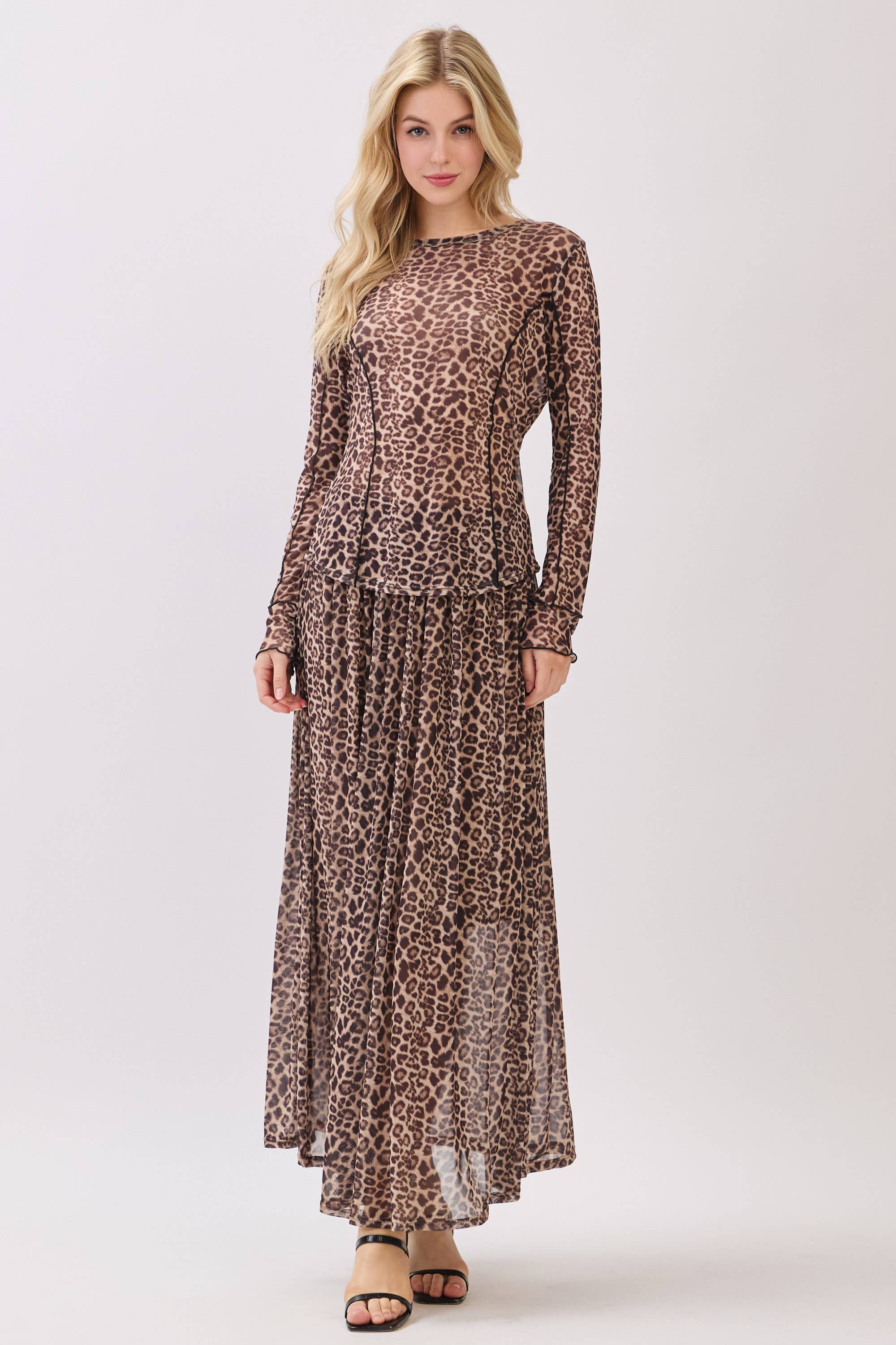 As shown TL2042 Leopard Print Long Sleeve Mesh Top for wholesale on Faire1