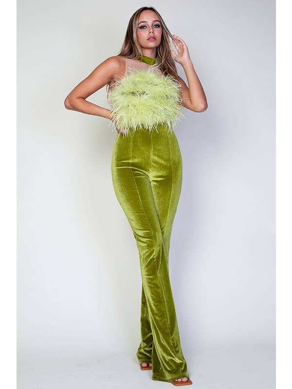 Chartreuse Ostrich Fur And Mesh Contrast Velvet Jumpsuit for wholesale on Faire