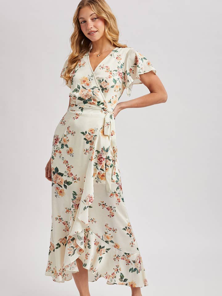 FLORAL PRINT RUFFLED WRAP MAXI DRESS - EASTER DAY for wholesale by Bluivy