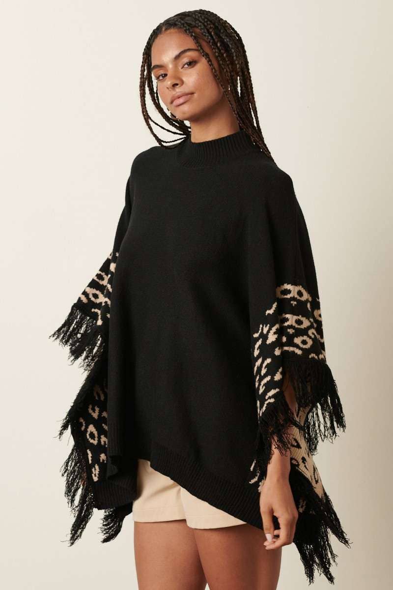 mittoshop - Wholesale Poncho - Women's - ANIMAL PRINT DETAIL TASSEL OVERSIZED PONCHO5