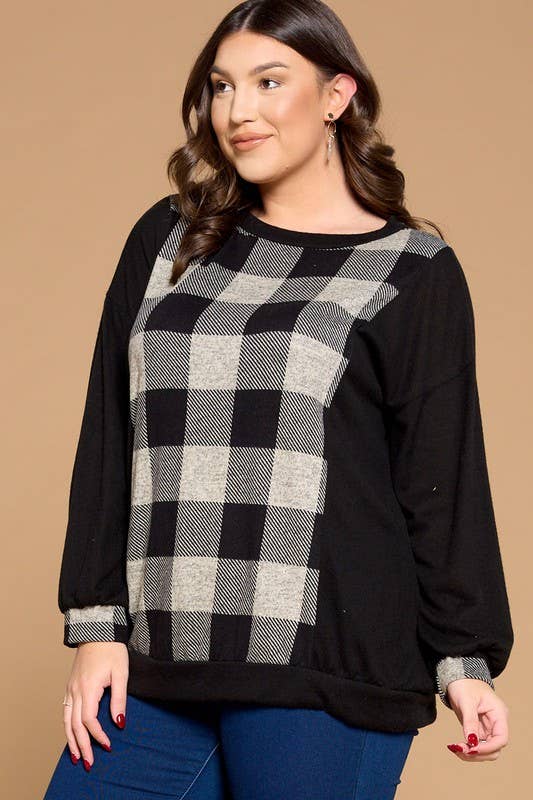 Grey Black ETK-8321-PL Plus Size Buffalo Plaid Tunic Top for wholesale on Faire2