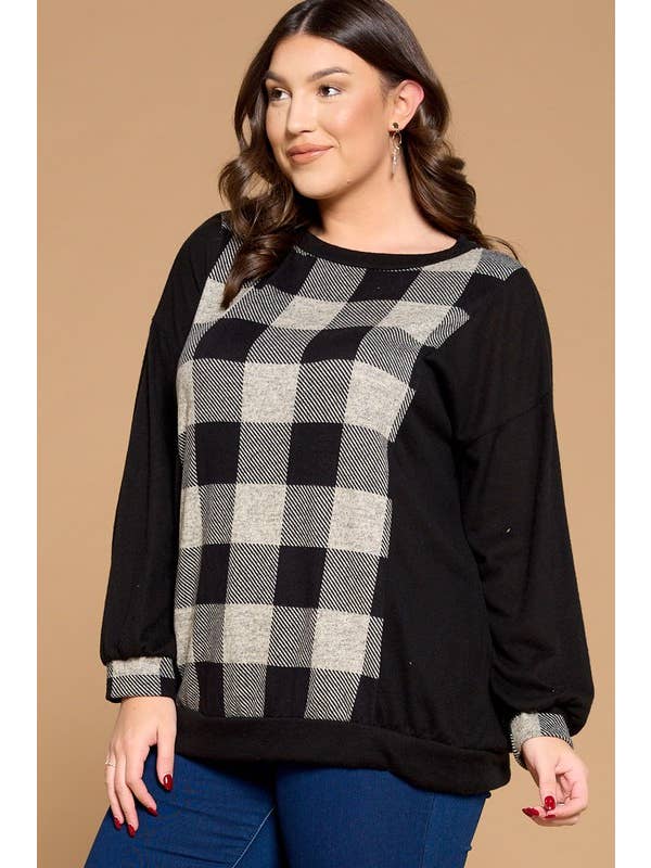 Grey Black ETK-8321-PL Plus Size Buffalo Plaid Tunic Top for wholesale on Faire2