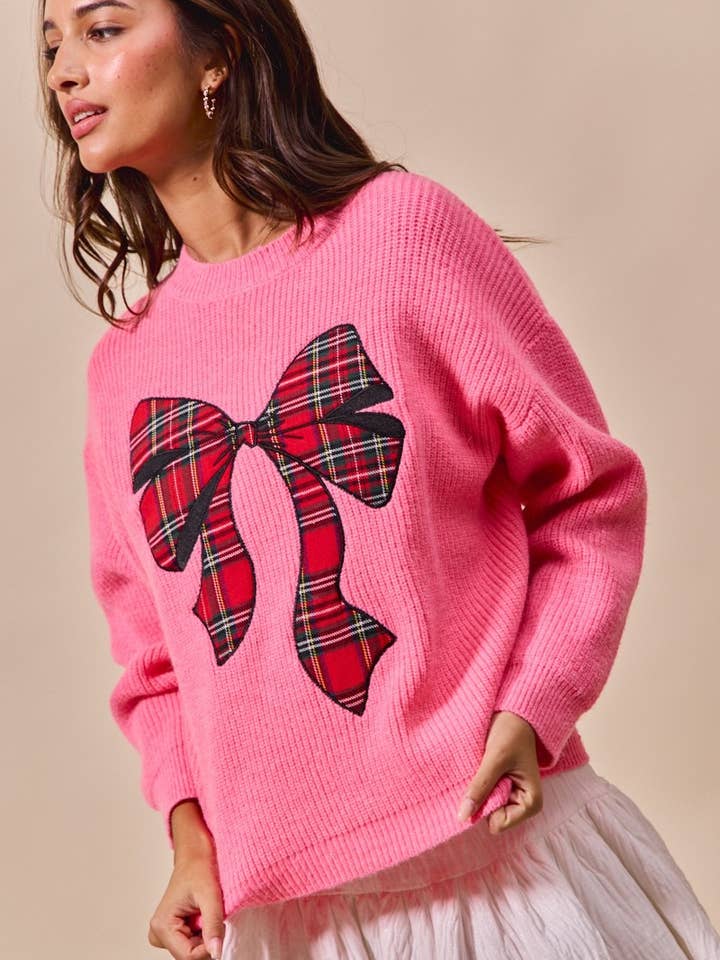 IVE - Wholesale Knit Sweater - Women's - Checker Plaid Ribbon Christmas Holiday Sweater Top13