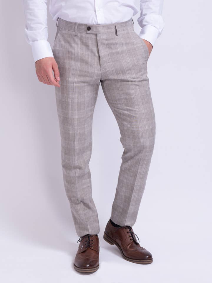 Fratelli Uniti - Wholesale Suit Pants - Men's - Soft Prince of Wales Check Trousers Beige - Carlo