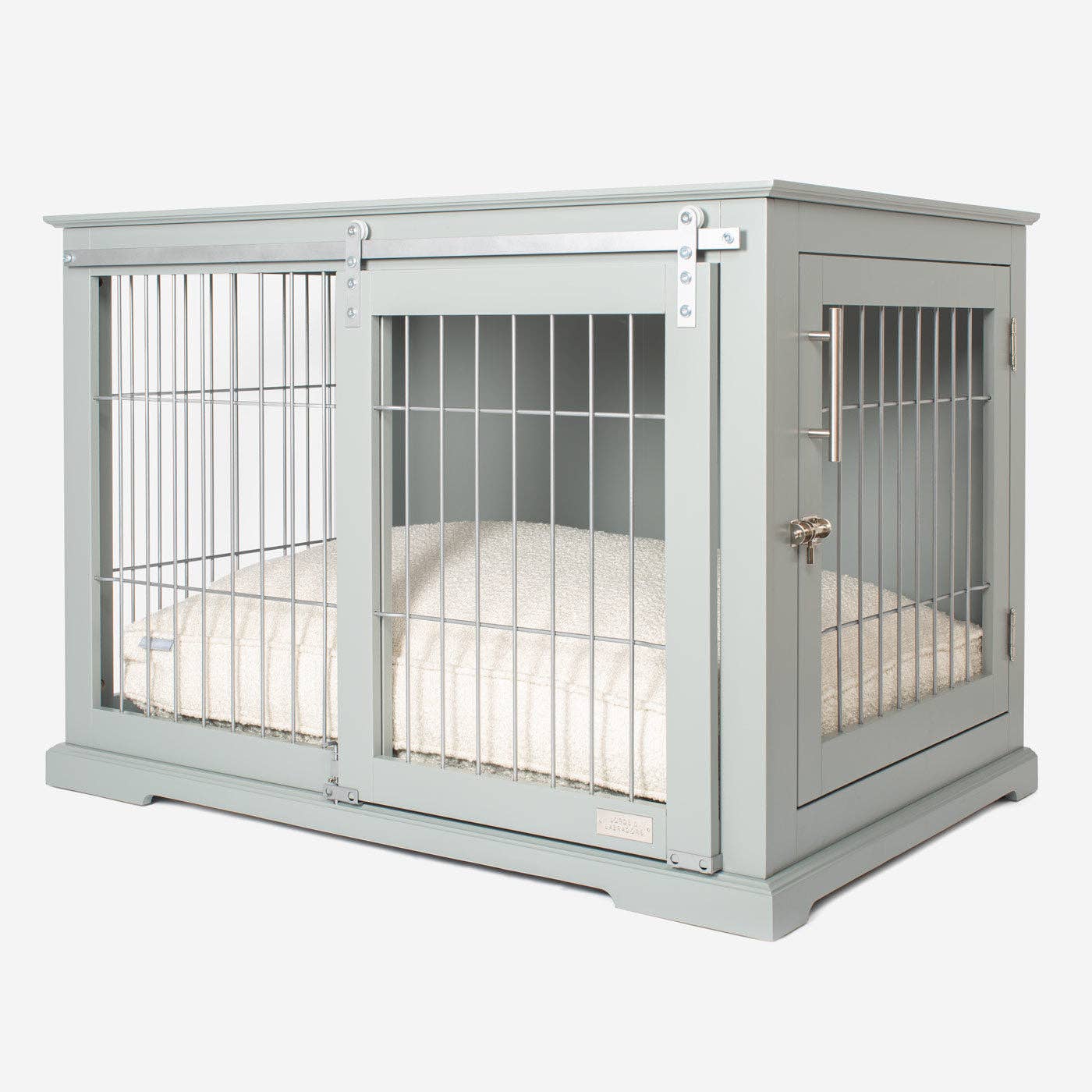 Wooden Sliding Door Dog Crate in Grey for wholesale on Faire4