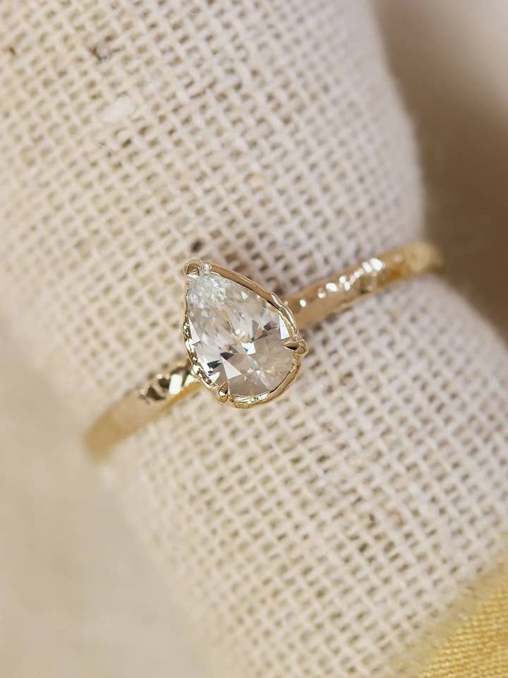 Pear Solitaire Engagement Ring with Hammered Band Texture for wholesale by Lacee Alexandra Jewelry