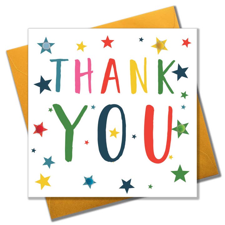 Dankeskarte, Sterne, Dankeschön, verziert mit bunten Pompons für den Großhandel von Claire Giles Ltd
