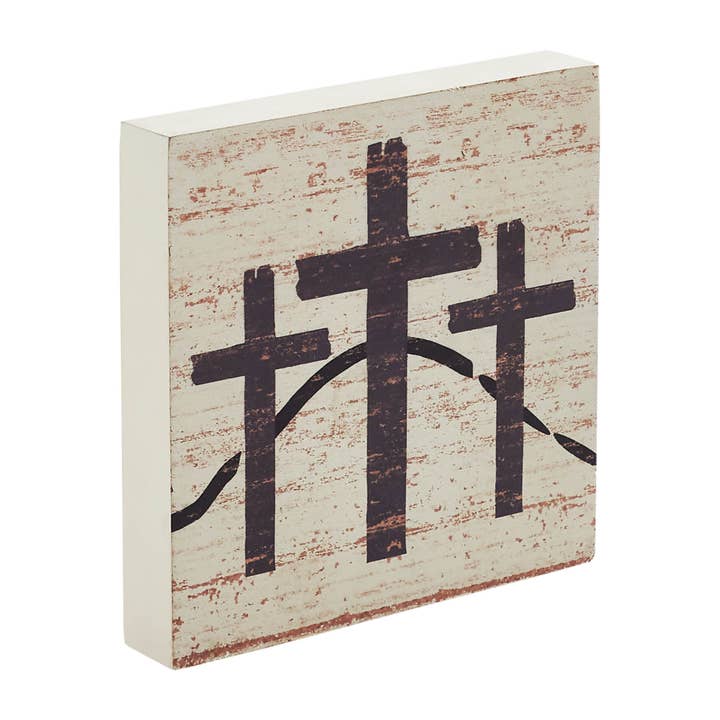 VHC Brands - Wholesale Sign - Celebrate Grace 3 Crosses Distressed Antique White MDF Block Sign 6x6x14