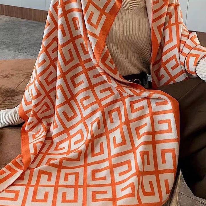 Geometric Orange Oversized Blanket Shawl for wholesale by LUV & Co.