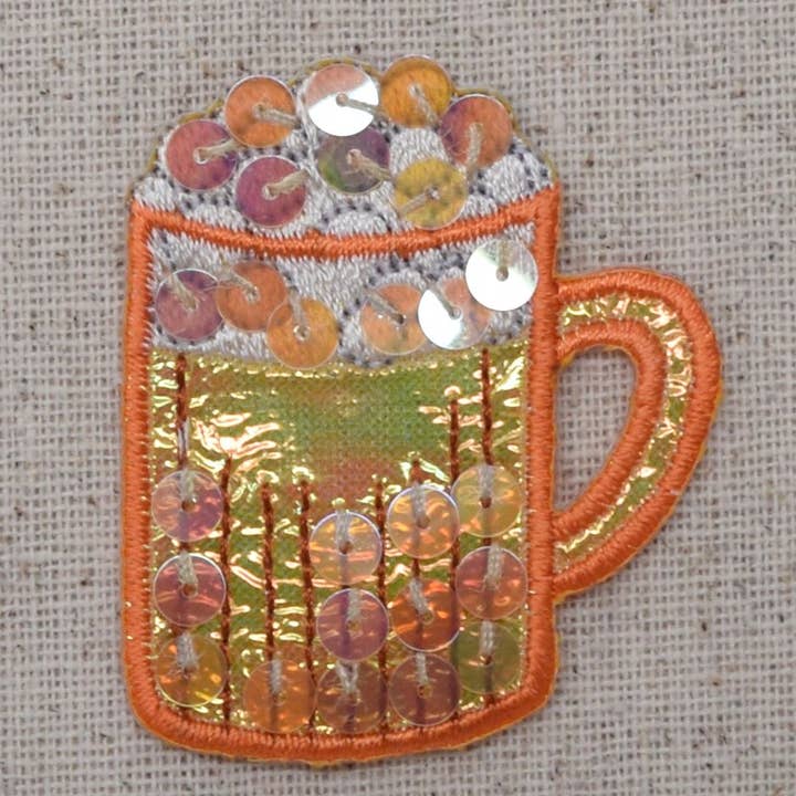 Wholesale Applique - Vente Écusson - Chope de bière orange à sequins - Patch brodé à repasser "Drink"3