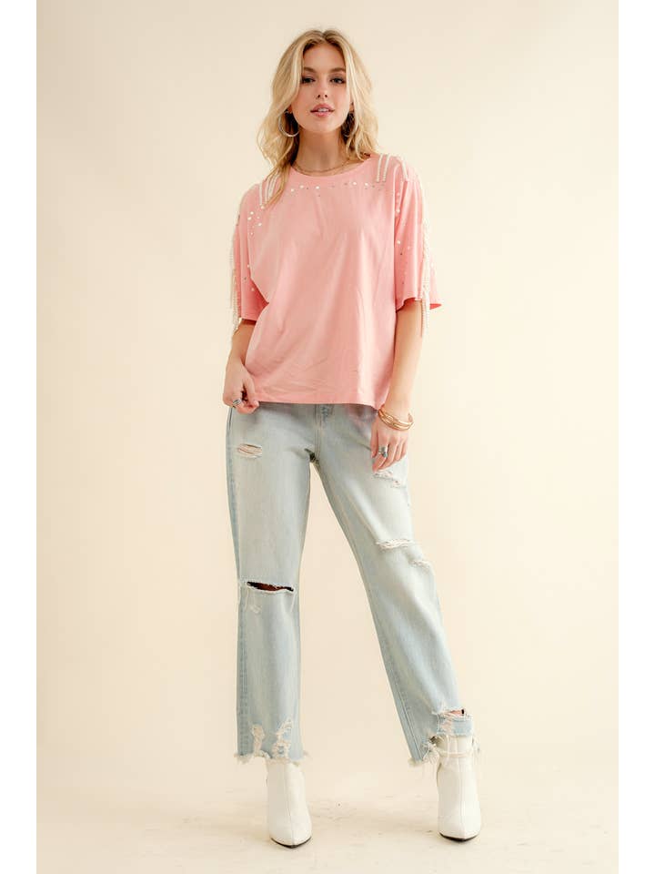 Blue B - Wholesale T-Shirt - Women's - 22610T - Pearl Fringe Shoulder T Shirt