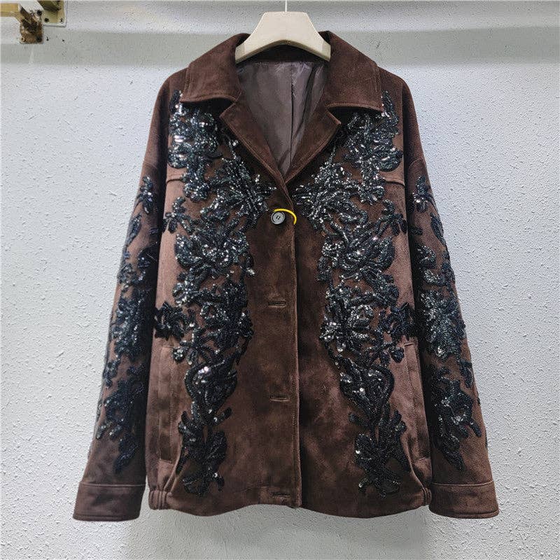 M161 Brown Sequin Embroidered Suede Moto Jacket for wholesale on Faire0