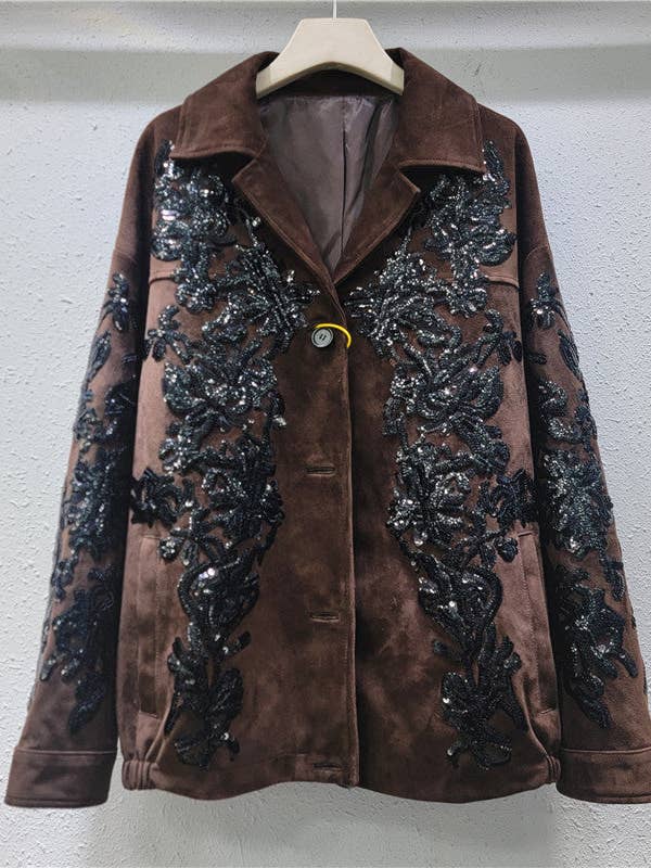 M161 Brown Sequin Embroidered Suede Moto Jacket and other Purchase Wholesale sequin bomber jacket. Free Returns & Net 60 Terms on Faire trending on Faire.