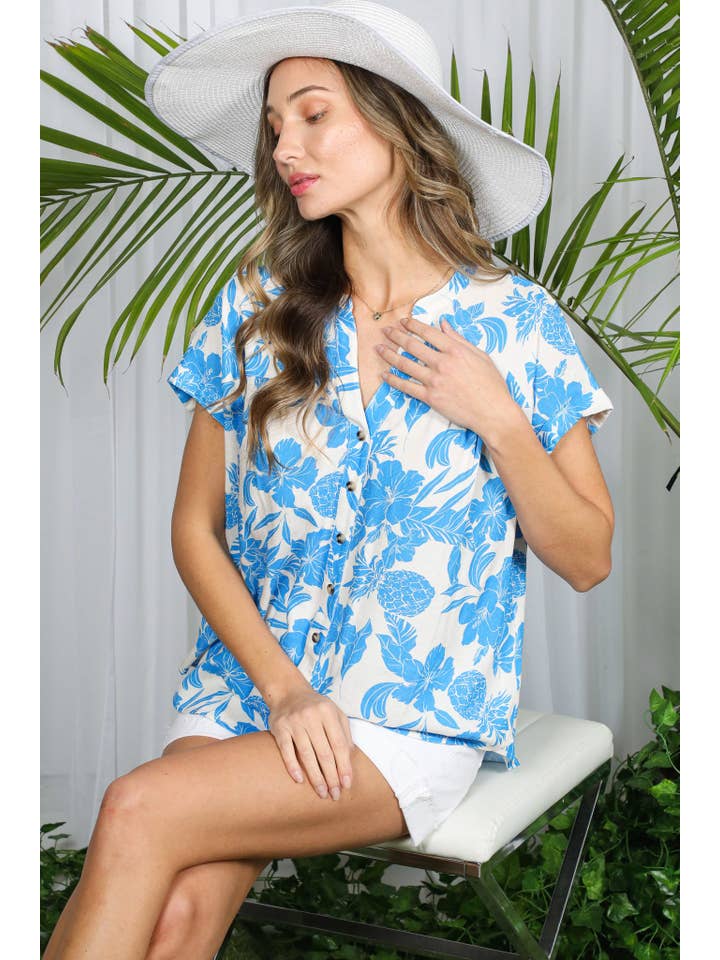 Vine & Love - Wholesale Button Down Shirt - Women's - Floral Pineapple Henley Neck Roll-Up Shirt Top VT82331A7