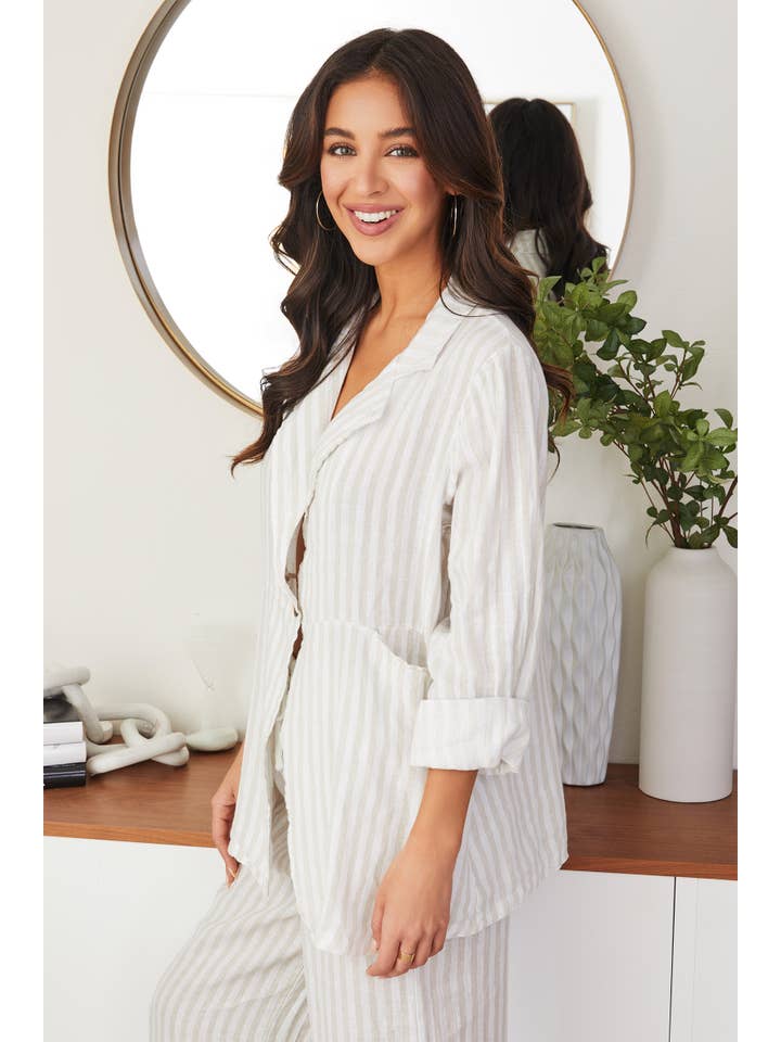 MILIO MILANO - Wholesale Blazer - Women's - STRIPED BUTTON LINEN BLAZER W/ PATCH POCKET(154014-WHT/BEI)1