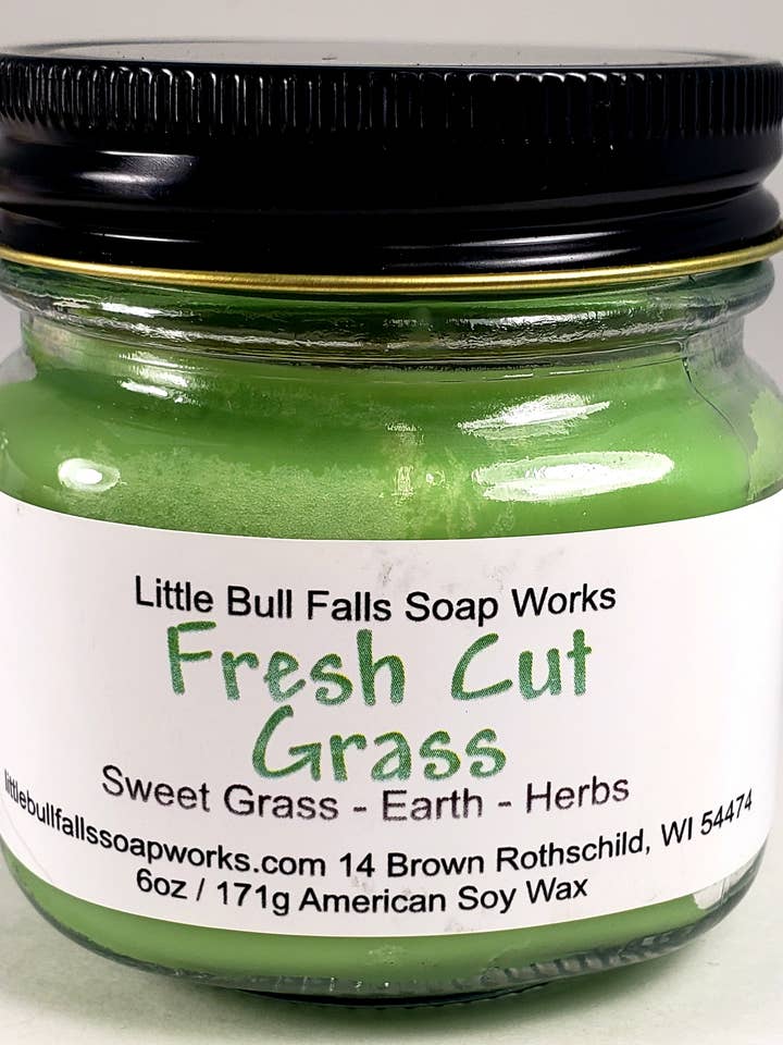 Vela de cera de soja en tarro de masón con aroma a hierba recién cortada para venta al por mayor de Little Bull Falls Soap Works