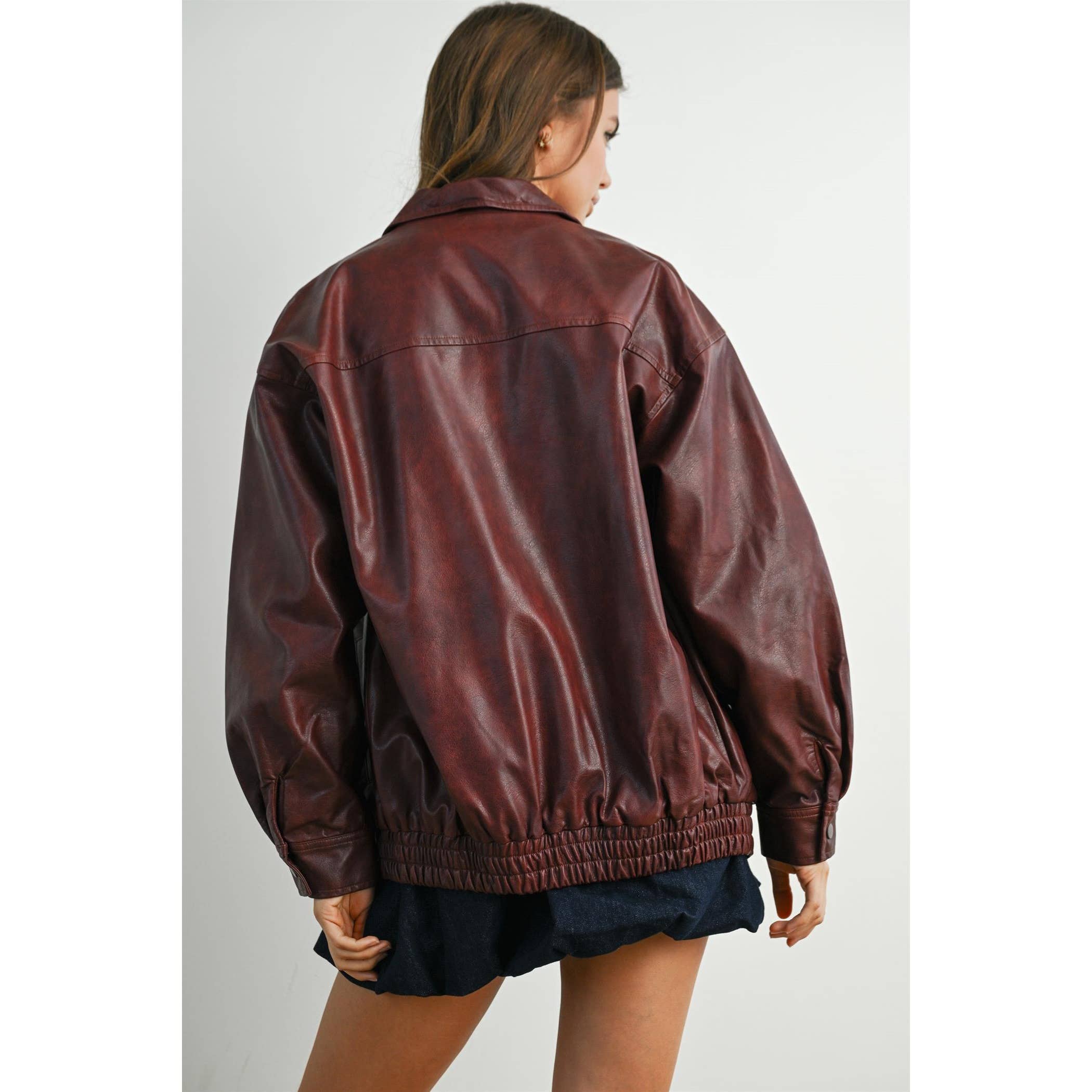BUTTERMELON - Wholesale Jacket - Women's - Collared Zip-Front Leather Jacket - BMJ796813