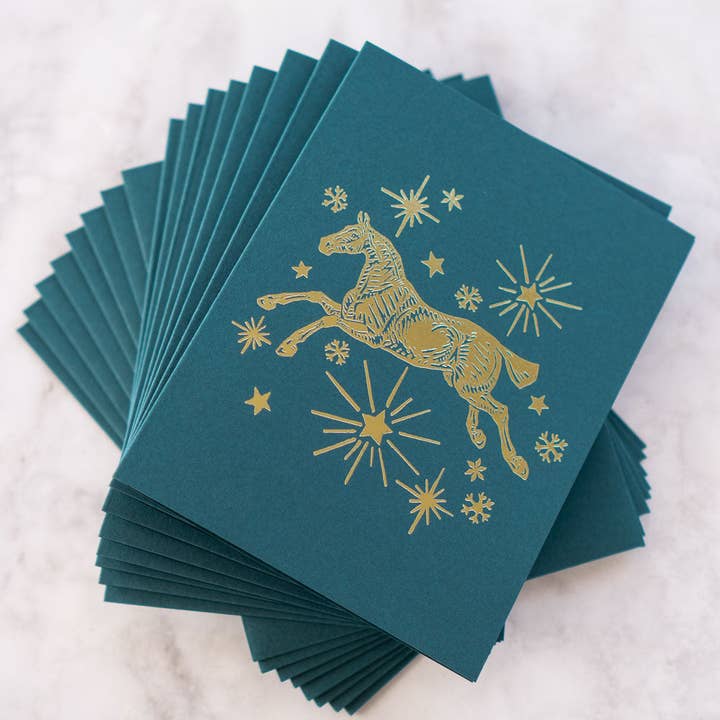 Danielle Demers Studio - Wholesale Season's Greetings Card - Horse, Stars & Snowflakes Foil Stamped Cards, Set of 83