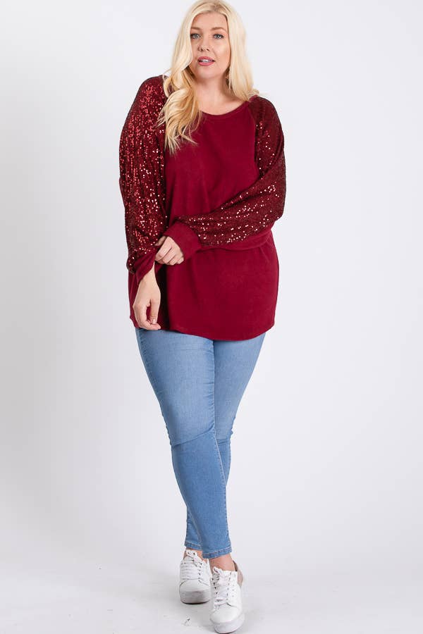 7th Ray - Wholesale Tunic - Women's - [PLUS SIZE] Brushed Knit Sequin Long Sleeve Top T2937XL15