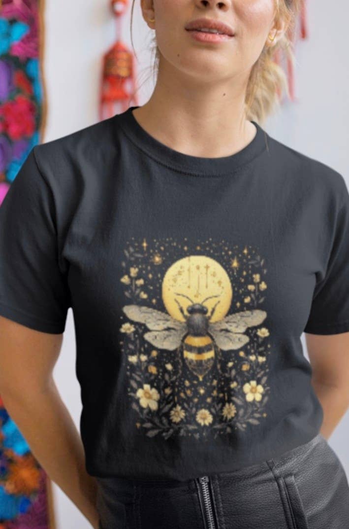 Upside Down Owl Farm - Wholesale Screen Printed T-Shirt - Women's - Boho Bee Moon & Stars T-Shirt, Floral Celestial Vibes1