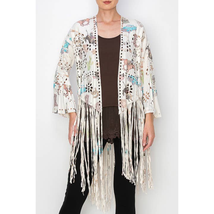 Western-inspireret laserskåret smørblød faux ruskind med frynsekant - 4761BG WW for engroshandel hos Origami Apparel ~ Lace and Crochet inspired