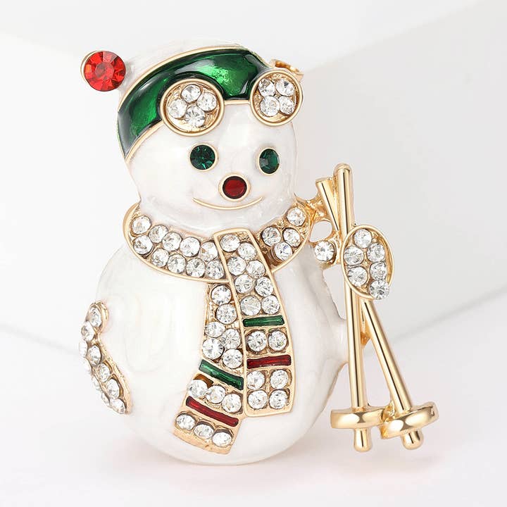 Broche Skieur Bonhomme de Neige avec Strass, Épingle de Noël pour la vente par Tourtiwi