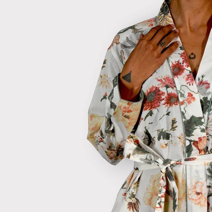 Devi Shop - Wholesale Robe - Women's - Cotton Block Print Robe ~ Blooms White