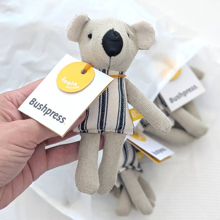 Koala friends toy, blue ticking for wholesale by Bushpress