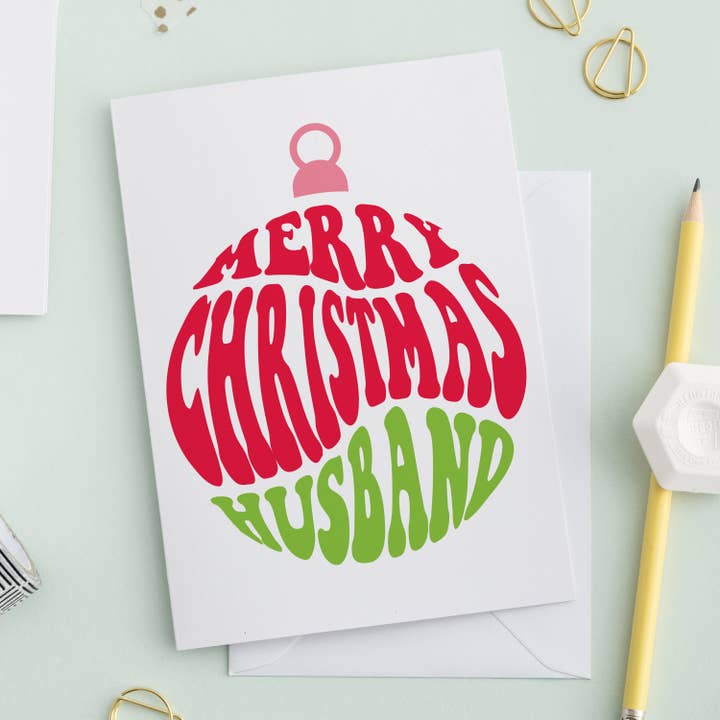 Merry Christmas Husband Bauble Card for wholesale by A is for Alphabet Ltd