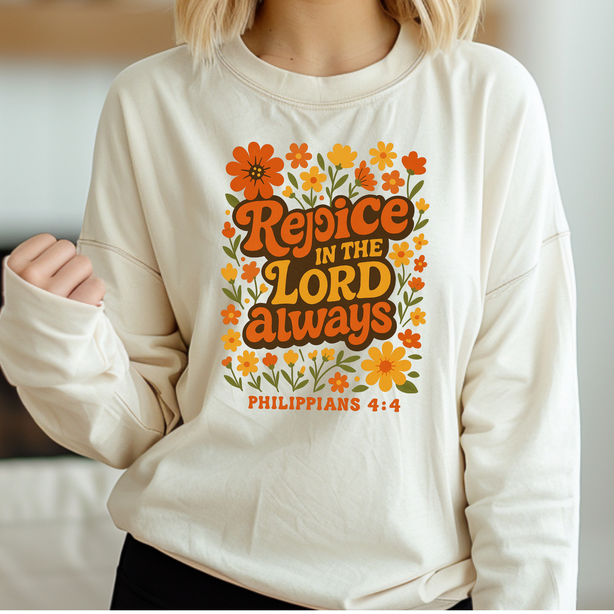 Love Ann Joy Apparel, LLC - Wholesale Screen Printed T-Shirt - Women's - Rejoice in the Lord Always Christian T-Shirt (Long-Sleeve)1