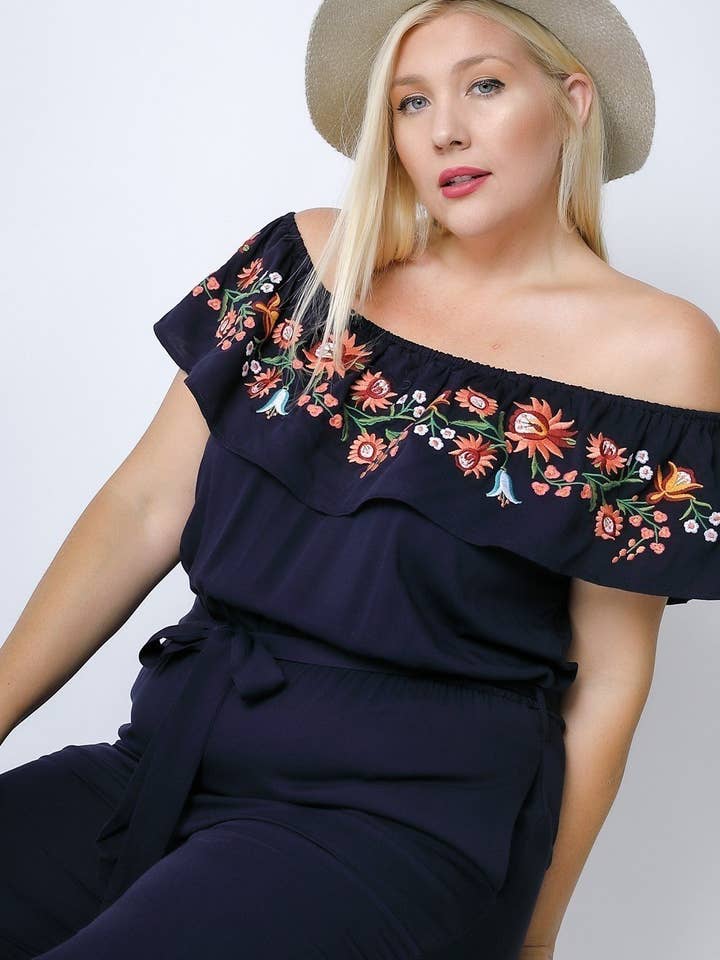 Davi & Dani - Wholesale Jumpsuit - Women's - PLUS SIZE FLORAL EMBROIDERED OFF SHOULDER JUMPSUIT7