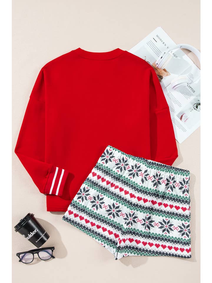 Red SLEIGH Print Long Sleeve and Wide Leg Shorts Lounge Set for wholesale on Faire