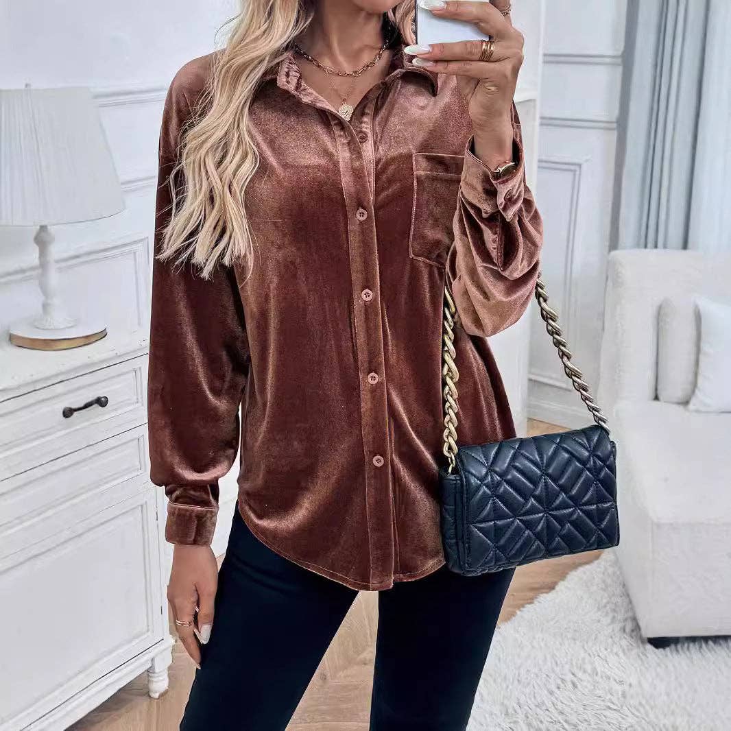 safistyle - Wholesale Button Down Shirt - Women's - Velvet Lapel Long Sleeve Cardigan Top for Women3