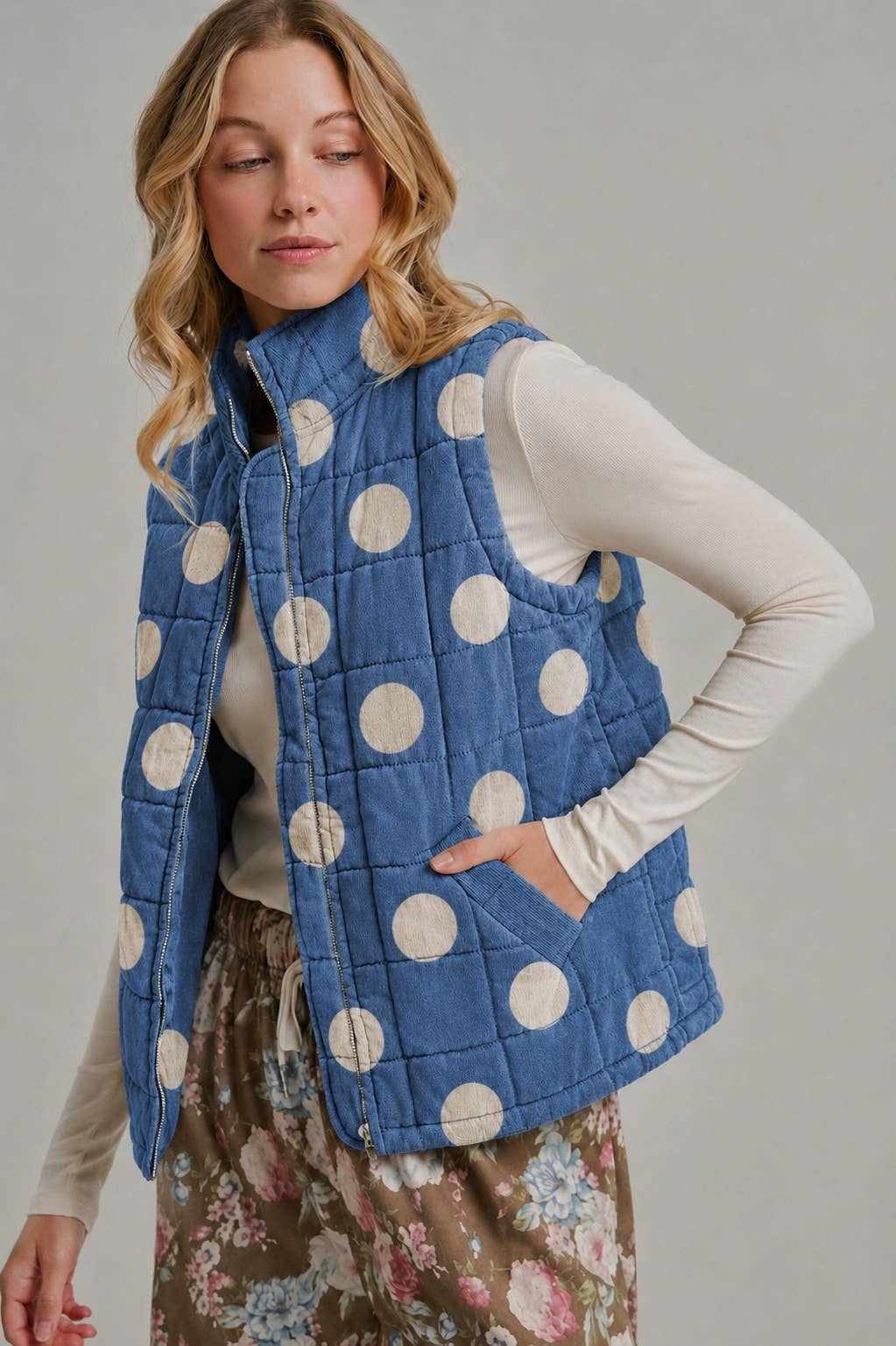BON - Wholesale Outerwear Vest - Women's - POLKA DOT QUILTED PUFFER VEST STAND COLLAR_JLT00330-034