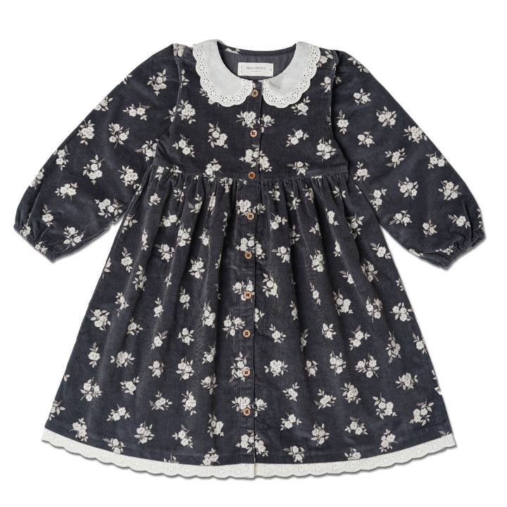Organische Corduroy Jurk met Kraag en Knopen - Navy Bloom voor wholesale door Makemake Organics