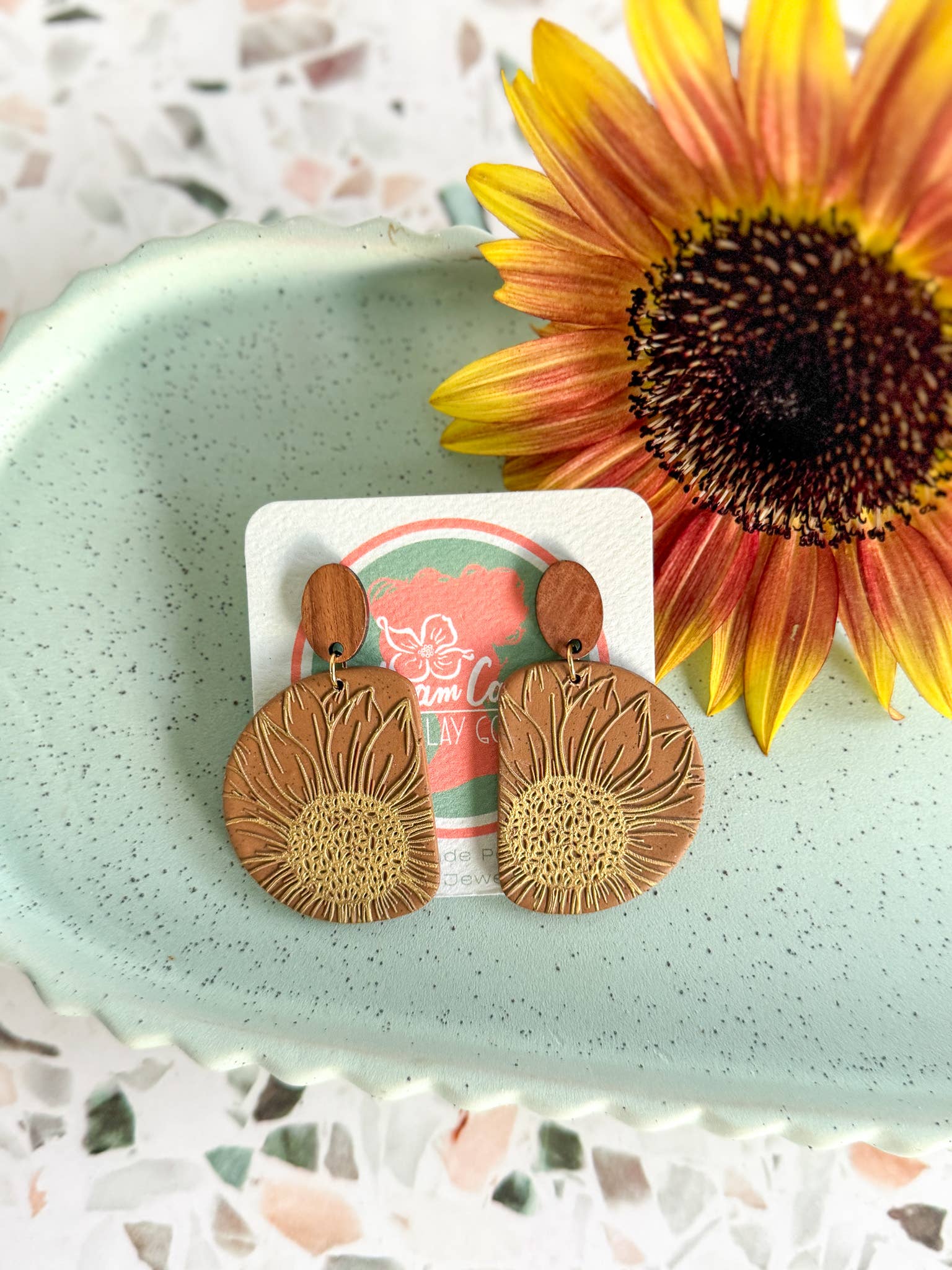 Anam Cara Clay Goods - Wholesale Dangle Earrings - Half Circle Sunflower Drops Polymer Clay EarringS3